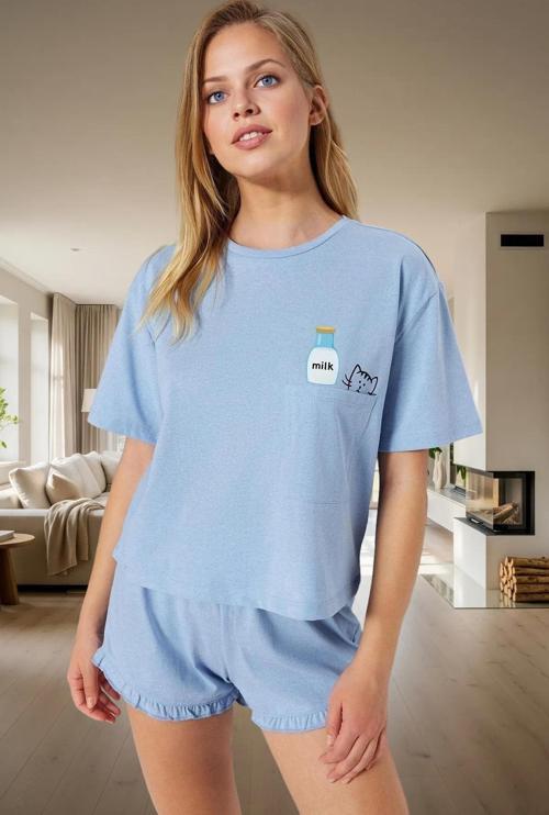 Rahat Yazlık Pijama Takımı Kısa Kollu Tişört ve Şort Pamuklu Örme Kumaş Özenle Seçilmiş