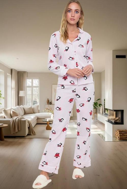 Rahat Kışlık Pijama Takımı Penguen Desenli Polar Örme Boru Paça Konforlu Kesim