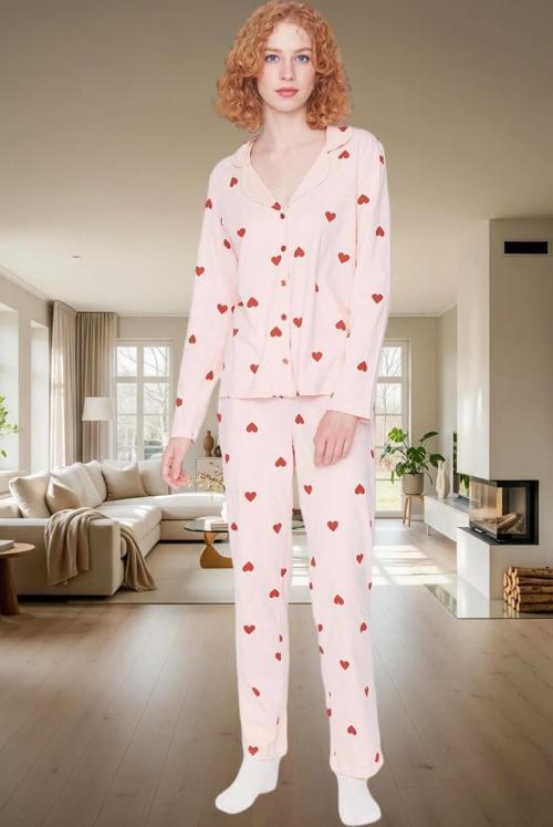 Kışlık %100 Pamuklu Pijama Takımı Kalpli Desenli Rahat Profesyonel Görünüm Ve Şık