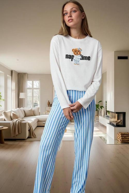 Çizgili Ayıcıklı Kadın Pijama Takımı %100 Pamuk Rahat ve Şık Yüksek Kalite Seçkin Malzeme