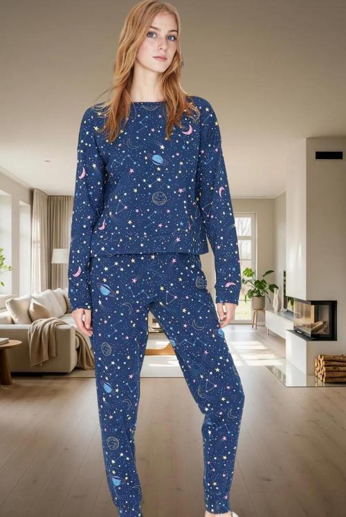 Pamuklu Galaksi Desenli Pijama Takımı Rahat Şık Kışlık Kaliteli İşçilik Premium Kalite