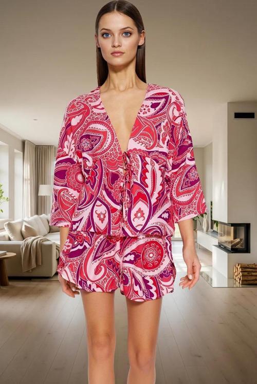 Rahat Viskoz Pijama Takımı Etnik Desenli Bağlamalı Şortlu Homewear Ve Şık Özenle Seçilmiş