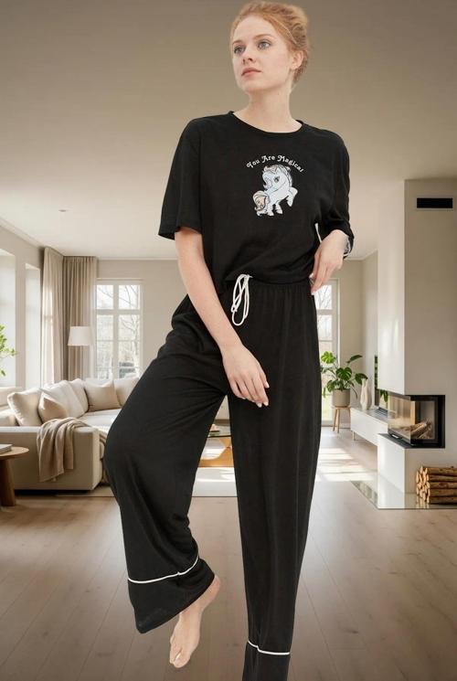 Rahat Pamuklu Pijama Takımı; Unicorn Baskı Melanj Regular Kalıp Günlük Kullanım İçin
