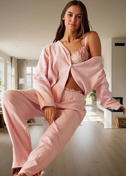 Rahat Pijama Takımı Pamuklu Kaşkorse Örme Hırka ve Pantolon Mükemmel Uyum Kullanım