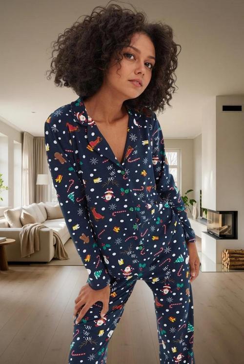 Yumuşak Pamuklu Kış Pijama Takımı Noel Baskılarıyla Sıcaklık ve Konfor Dayanıklı Malzeme