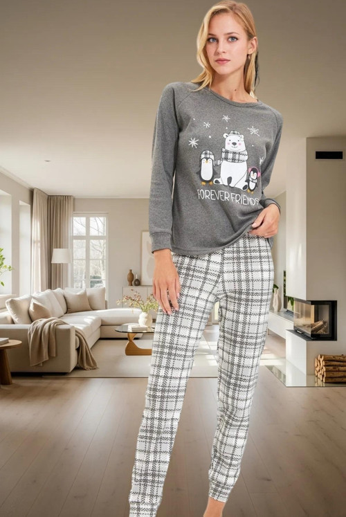 Yumoş Örme Pijama Takımı; Ayıcık Penguen Baskı Ekose Kışlık Rahat Yüksek Kalite