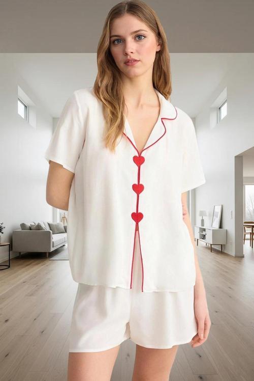 Rahat Viskoz Pijama Takımı Şortlu Kalpli Detaylı Yazlık Günlük Kullanım İçin Özenle Seçilmiş
