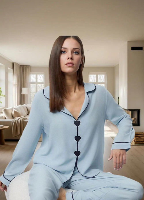 2'li Kalp Detaylı Viskon Pijama Takımı; Rahat ve Şık Kışlık Seçkin Malzeme Premium Kalite