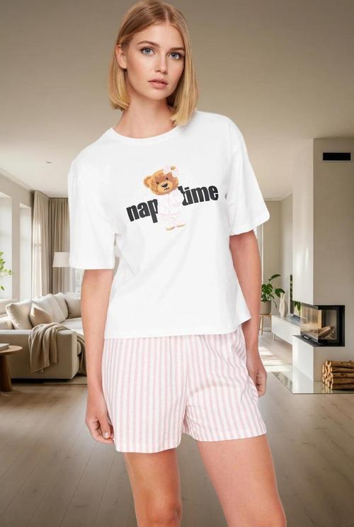 Ayıcıklı Çizgili %100 Pamuklu Pijama Takımı Rahat ve Şık Yaz Uykusu Mükemmel Uyum Dayanıklı Malzeme