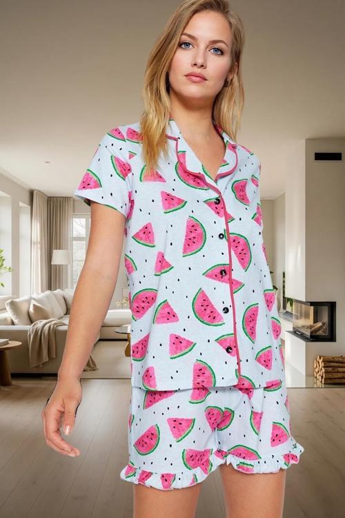 Rahat %100 Pamuklu Karpuz Desenli Pijama Takımı Kısa Kollu Boru Paça Regular Kalıp Konforlu Kesim