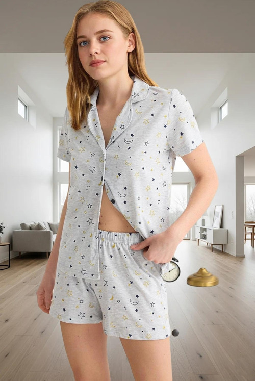 Yıldız Desenli Rahat Örme Pijama Takımı %70 Polyester %30 Pamuk Seçkin Malzeme Özel Tasarım
