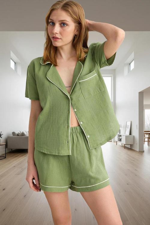 Rahat Şortlu Pijama Takımı %100 Pamuk Müslin Dokuma Regular Günlük Kullanım İçin