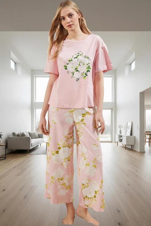 Rahat %100 Pamuklu Pijama Çiçek Desenli Kısa Kollu Ev Giyim Seti Günlük Kullanım İçin
