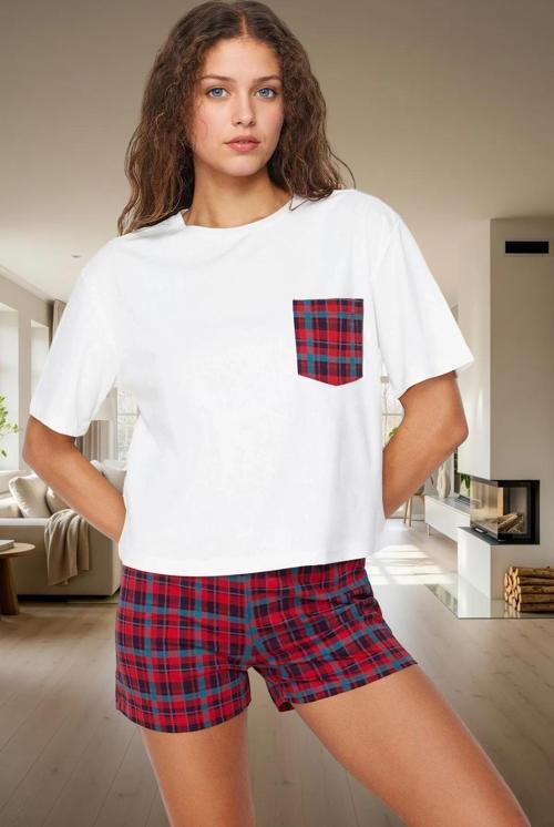 Pamuklu Ekose Pijama Takımı Kısa Kollu Regular Yazlık Ev Giyim Zarifane Tasarım Mükemmel Uyum