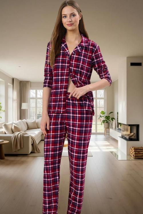 Evde Rahatlık İçin Ekose Desenli Örme Pijama Takımı Uzun Paça Kol Modern Stil Özenle Seçilmiş