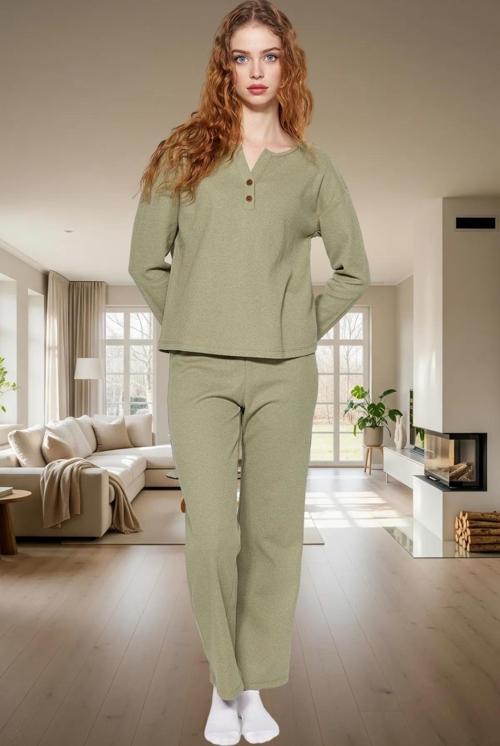 Rahat ve Şık Waffle Pijama Takımı Pamuklu V Yaka Uzun Kollu Yüksek Kalite