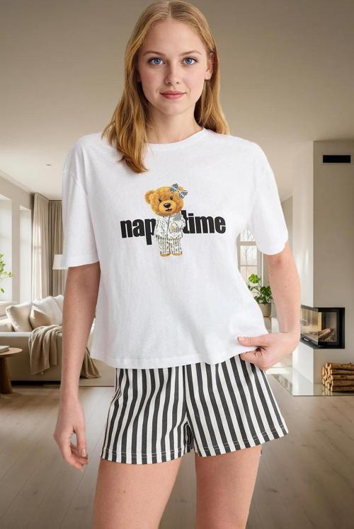 Ayıcıklı Çizgili %100 Pamuklu Pijama Takımı Rahat ve Şık Yaz Uykusu Mükemmel Uyum Dayanıklı Malzeme
