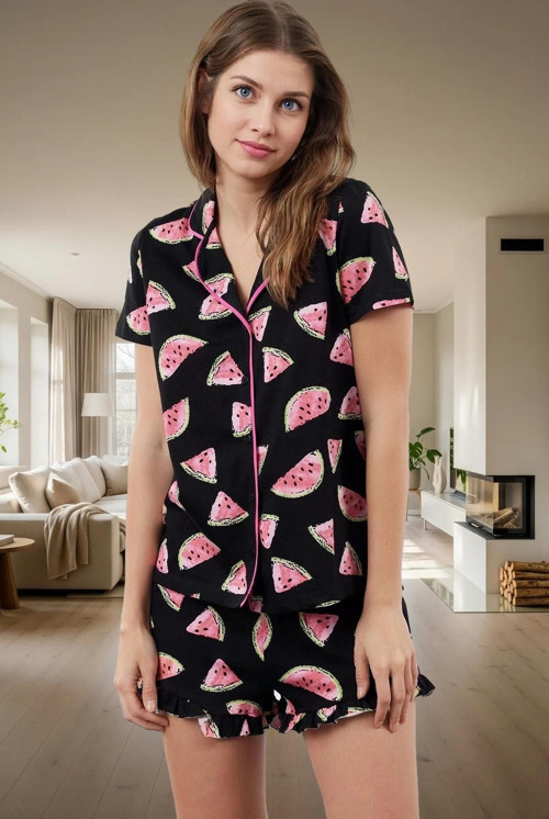 Rahat %100 Pamuklu Karpuz Desenli Pijama Takımı Kısa Kollu Boru Paça Regular Kalıp Konforlu Kesim