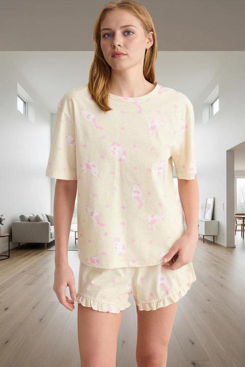Rahat %100 Pamuklu Pijama Takımı Kedi Desenli Şort ve Tişört Zarifane Tasarım Kullanım