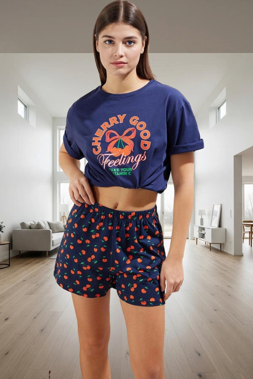 Rahat Pamuklu Kiraz Desenli Pijama Takımı Yazlık Şort ve T Shirt Mükemmel Uyum Zarifane Tasarım