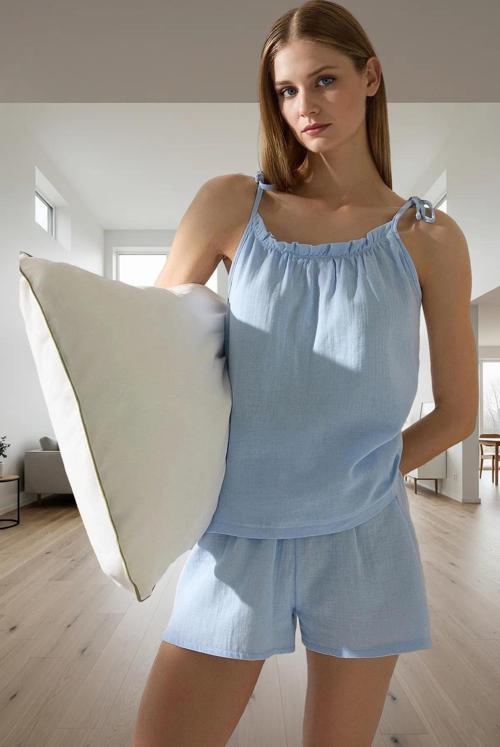 Yazlık Viskoz Pijama Takımı Rahat Müslin Kumaş Havuz Yaka Kolsuz Dayanıklı Malzeme