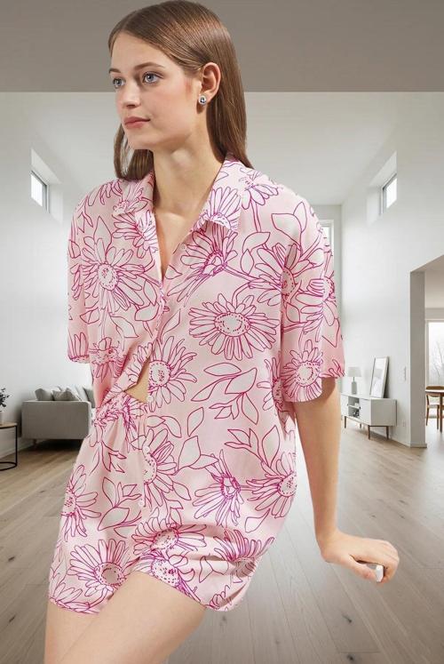 100%Viskon Regular Kalıp Çiçek Desenli Kısa Kollu Pijama Takımı Trend Tasarım