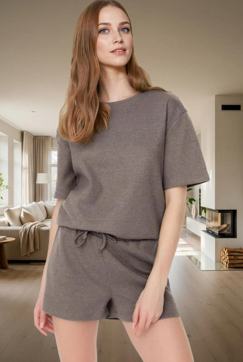 Yazlık Pijama Takımı Waffle Kumaş Örme Rahat Kalıp 2'li Mükemmel Uyum Konforlu Kesim