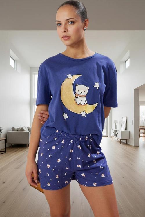 Yazlık %100 Pamuk Ayıcık Desenli Rahat Pijama Takımı Dayanıklı Malzeme Mükemmel Uyum Özel Tasarım