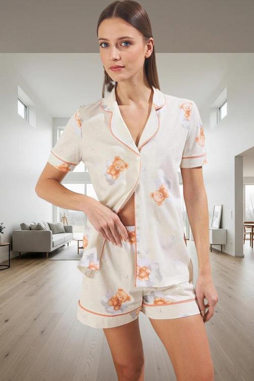 Evde Rahatlık İçin %100 Pamuklu Ayıcıklı Pijama Takımı Mükemmel Uyum Dayanıklı Malzeme
