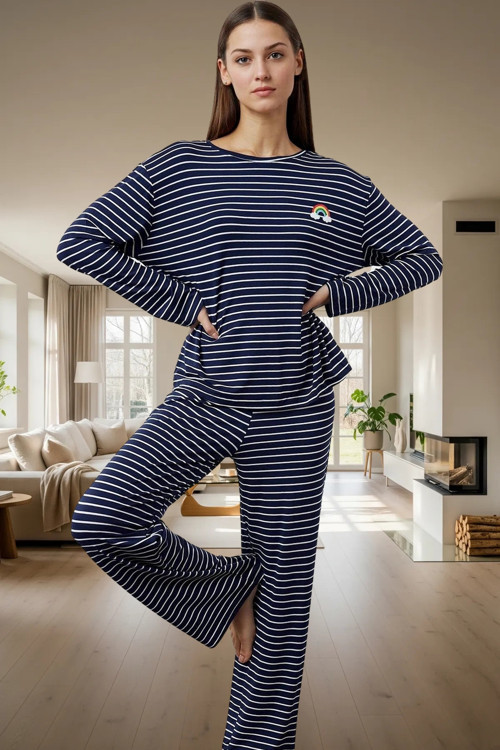 Viskon Pijama Takımı Çizgili Rahat ve Şık Kışlık Özel Tasarım