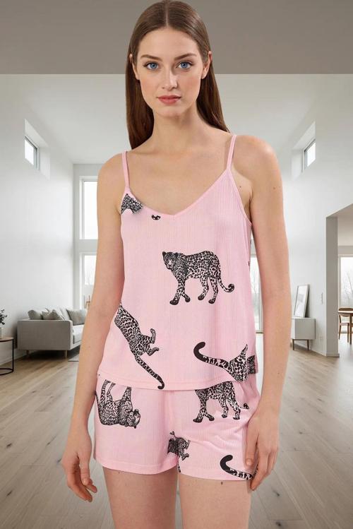 Rahat Kalıp Pijama Takımı Hayvan Desenli Örme Kumaş Boru Paça Zarifane Tasarım