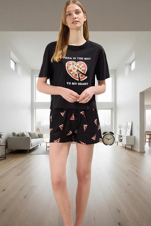 Pizza Desenli Pamuklu Kadın Pijama Takımı Regular Kalıp Rahat Uyku Özenle Seçilmiş