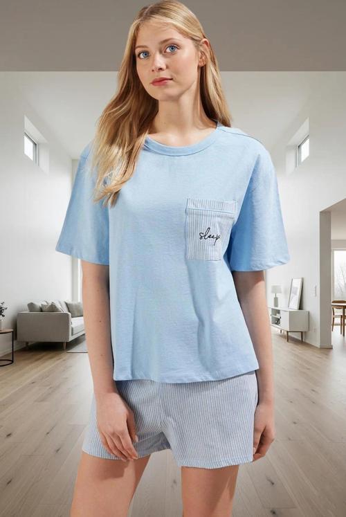 Rahat Çizgili Pamuklu Pijama Takımı Yazlık Homewear Ve Şık Konforlu Kesim Seçkin Malzeme