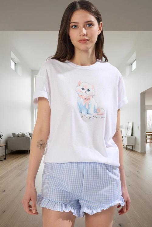 Yazlık Rahat %100 Pamuk Kedili Pijama Takımı Seçkin Malzeme Dayanıklı Mükemmel Uyum