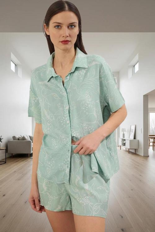 Hayvan Desenli Viskoz Pijama Takımı Shally Kumaş Regular Kalıp Yazlık Zarifane Tasarım