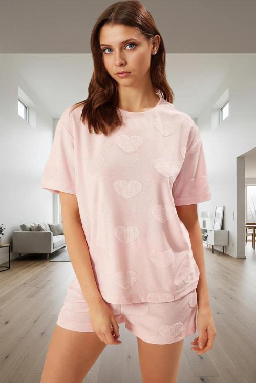 Pamuklu Örme Pijama Takımı Kalpli Desenli Regular Kalıp Zarifane Tasarım Seçkin Malzeme