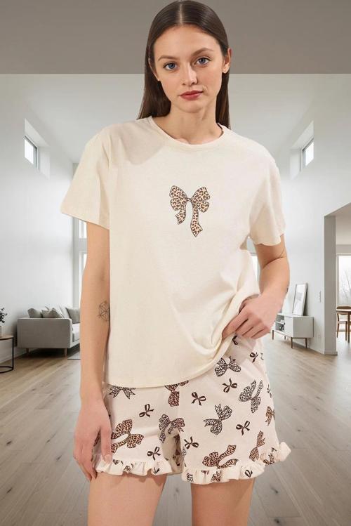Leopar Fiyonklu Pamuklu Şortlu Pijama Takımı Yazlık Rahat Ev Giyim Seçkin Malzeme