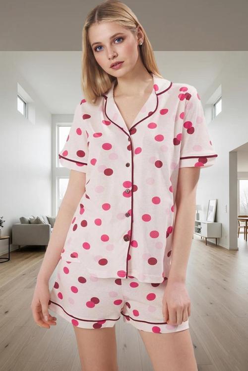 Pamuklu Örme Pijama Takımı Puantiyeli Desen Kısa Kollu Regular Kalıp Mükemmel Uyum Özel Tasarım