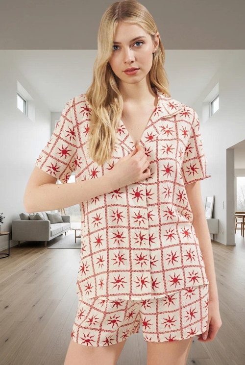 Bohem Tarzı Güneş Desenli Viskoz Pijama Takımı Yaz İçin İdeal Yüksek Kalite Trend Tasarım