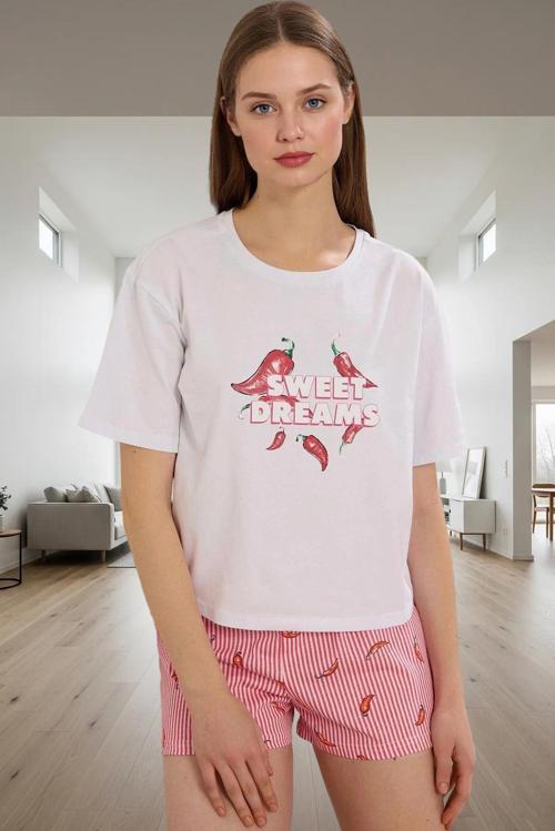 Yazlık Pamuklu Biber Desenli Rahat Pijama Takımı %100 Pamuk Regular Kalıp Trend Tasarım
