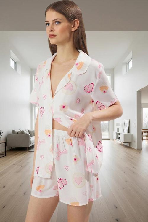 Rahat Baskılı Viskoz Pijama Takımı; Şortlu Kısa Kollu Çok Yüksek Kalite Konforlu Kesim