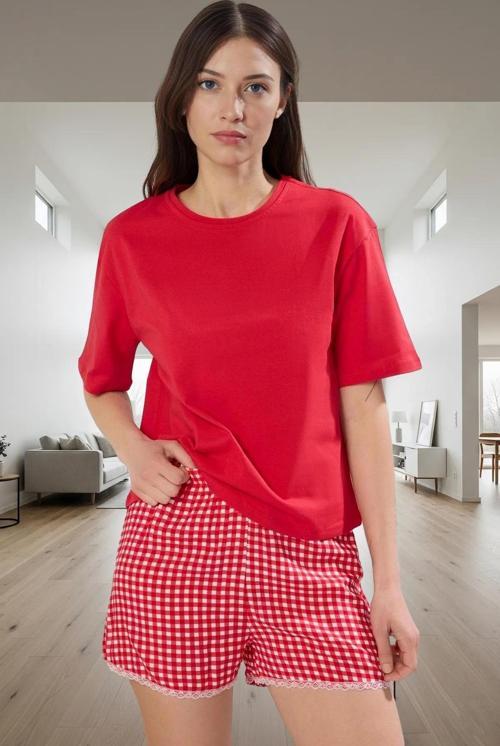 Viskoz Örme Pijama Takımı Ekose Desenli Dantel Detaylı Rahat Kalıp Premium Kalite