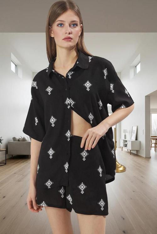 Rahat Yazlık Pijama Takımı Etnik Desenli Shally Kumaş Yüksek Kalite Günlük Kullanım İçin