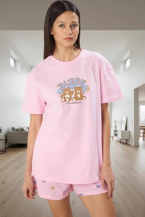 Yazlık %100 Pamuk Kadın Pijama Takımı Ayıcık ve Galaksi Baskılı Zarifane Tasarım Özenle Seçilmiş