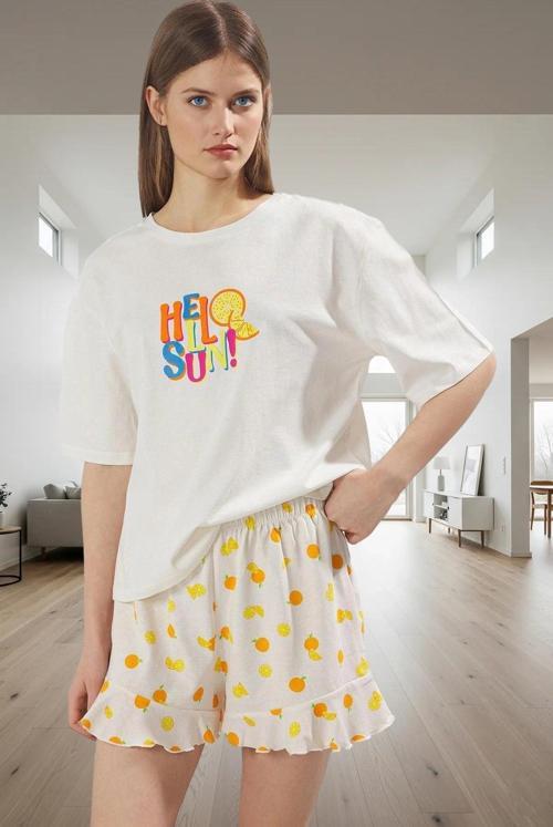 Anne Kız Pijama Takımı %100 Pamuk Renk Meyve Desenli Rahat Kullanım