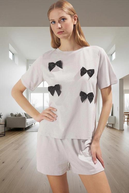 Pamuklu Kurdele Detaylı Şortlu Pijama Takımı Rahat ve Şık Konforlu Kesim Premium Kalite