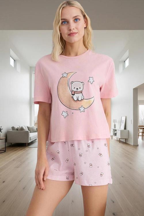 Yazlık %100 Pamuk Ayıcık Desenli Rahat Pijama Takımı Dayanıklı Malzeme Mükemmel Uyum Özel Tasarım