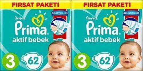 Bebek Bezi Aktif Bebek 3 Beden 124 Adet  62x2