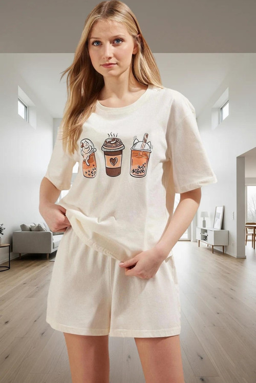 Kısa Kollu Pamuklu Pijama Takımı Kahve Desenli Rahat Uyku Modern Stil Kaliteli İşçilik
