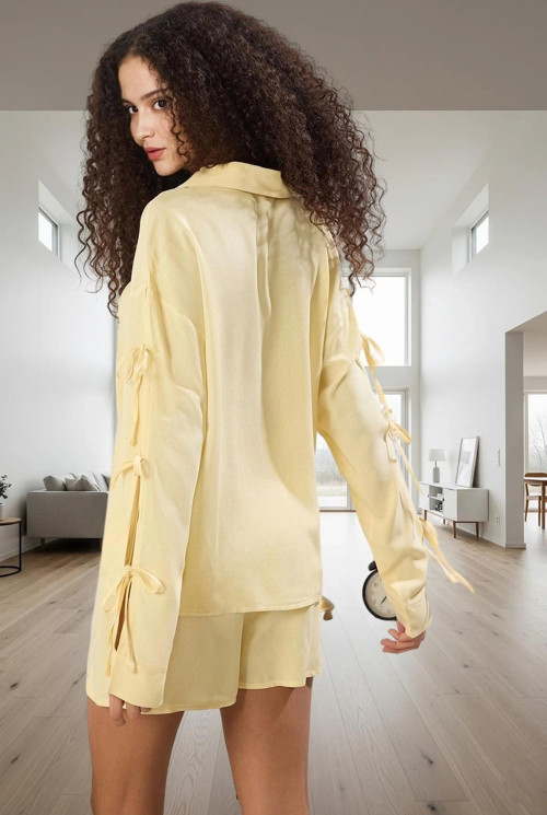 Rahat Viskon Pijama Takımı Bağlamalı Uzun Kollu Şortlu Homewear Kullanım